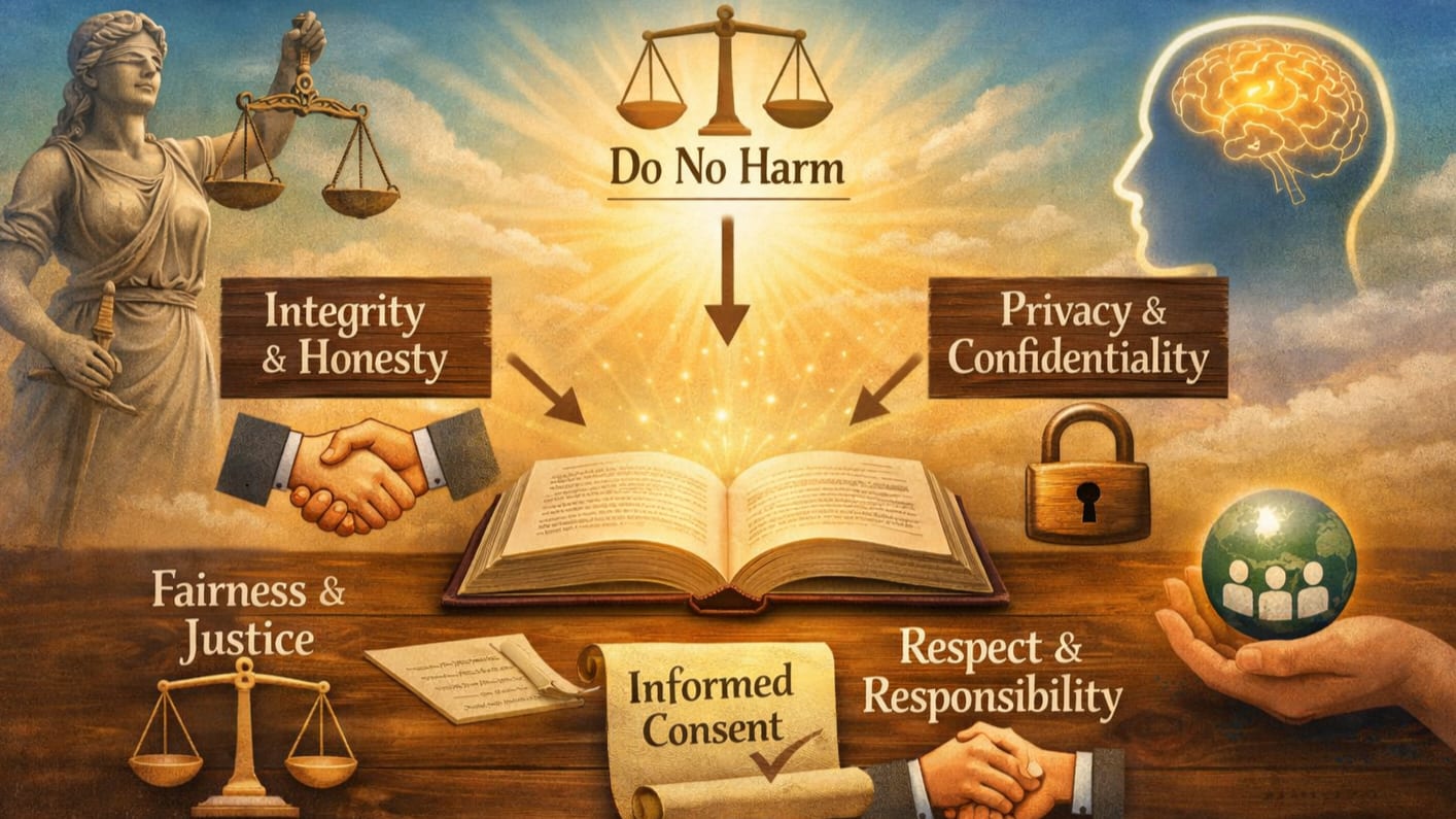 Ethics and governance principles: do no harm, integrity and honesty, fairness and justice, privacy and confidentiality, informed consent, respect and responsibility